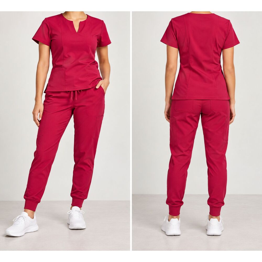 Mandala Scrub Set XXS Petite Red Pink Jogger Pants Split Neck Top Equa-Tek
